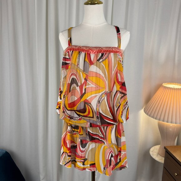 domiel Dresses & Skirts - Domiel Psychedelic Abstract Print Layered Chiffon Mini Dress Satin Trim Large